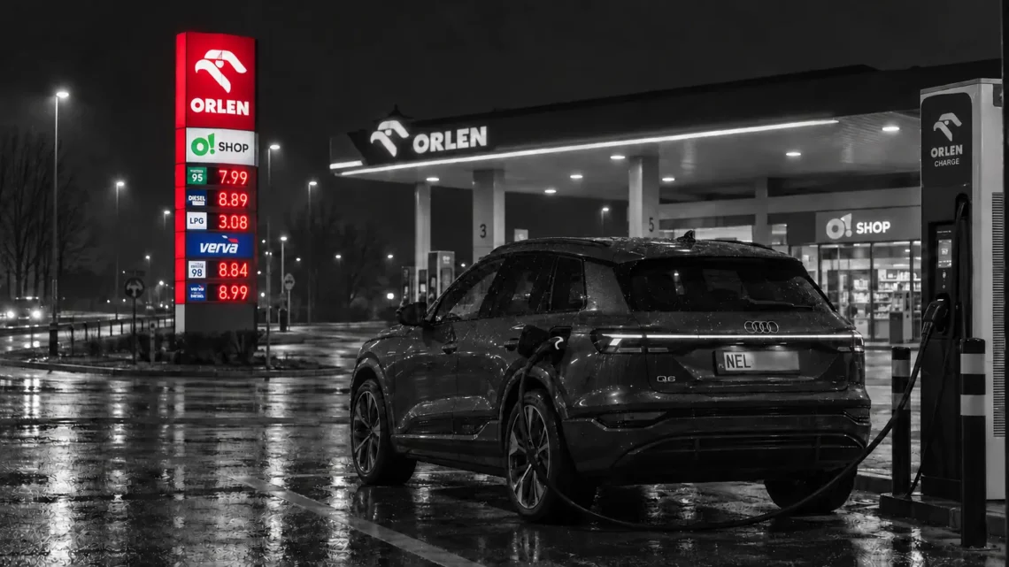 Audi Q6 e-tron charging at an ORLEN station amid rising fuel prices in Europe