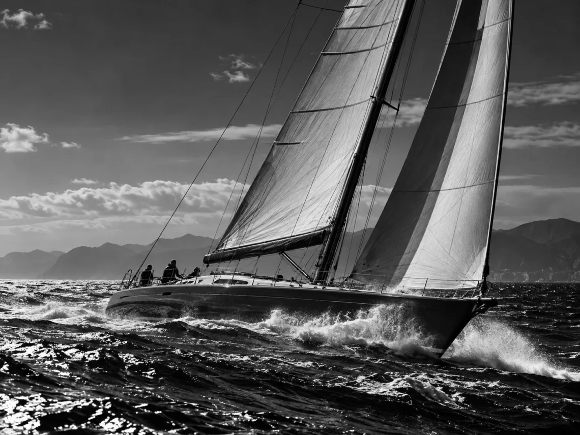 Black and white photograph of a sailing yacht - budget planning for 2027 and business risk management.
